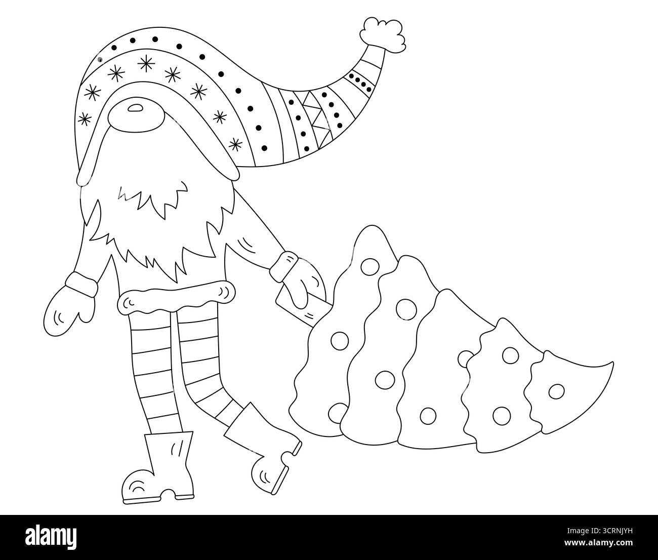 Noël Gnome avec arbre pour la page de coloriage du nouvel an Illustration de Vecteur