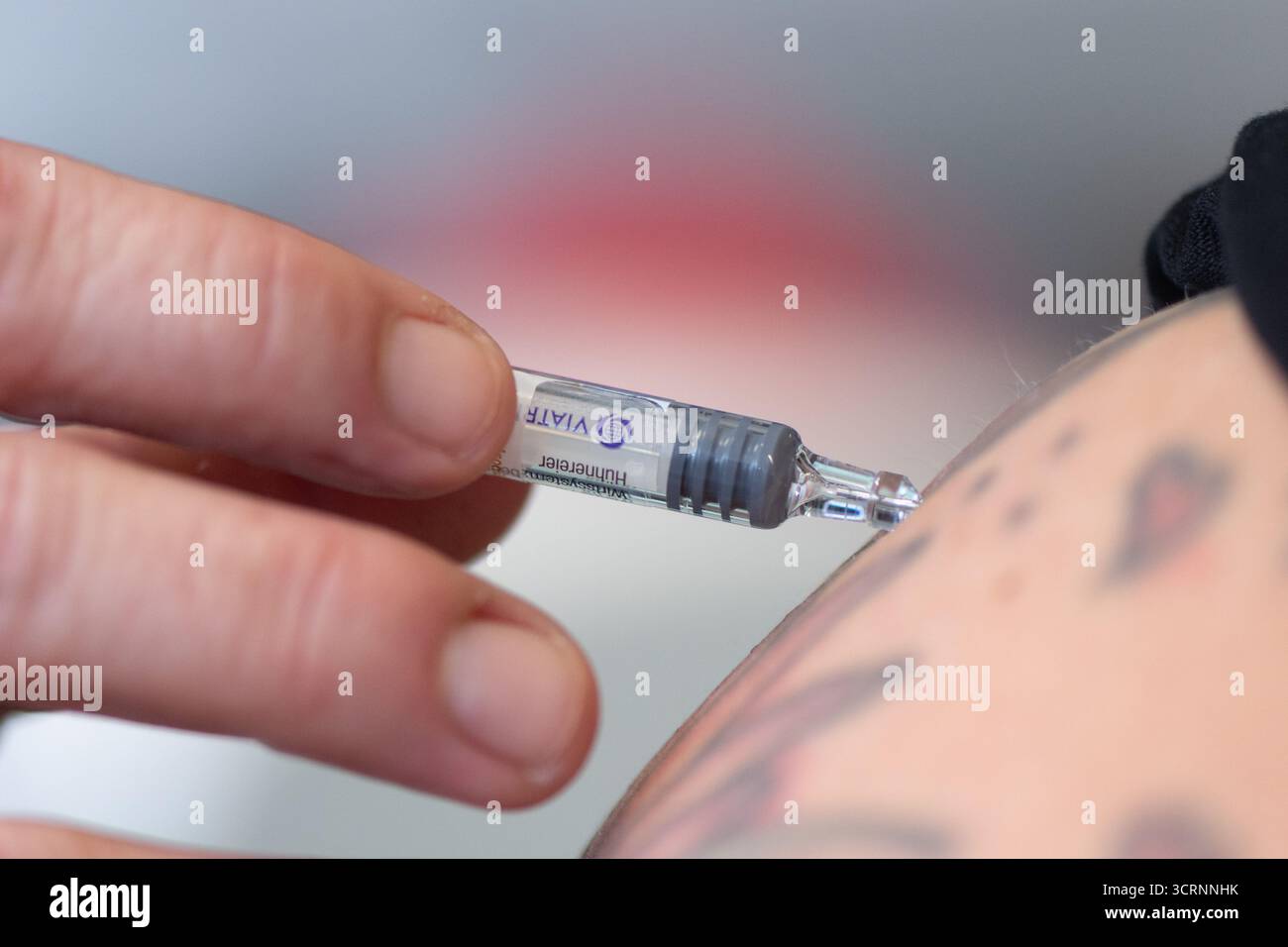 02 octobre 2025, Saxe, Dresde : un médecin tient une seringue préremplie avec un vaccin antigrippal lors d'un événement de presse à l'hôpital universitaire de Dresde pour la saison grippale 2025. Photo : Sebastian Kahnert/dpa Banque D'Images