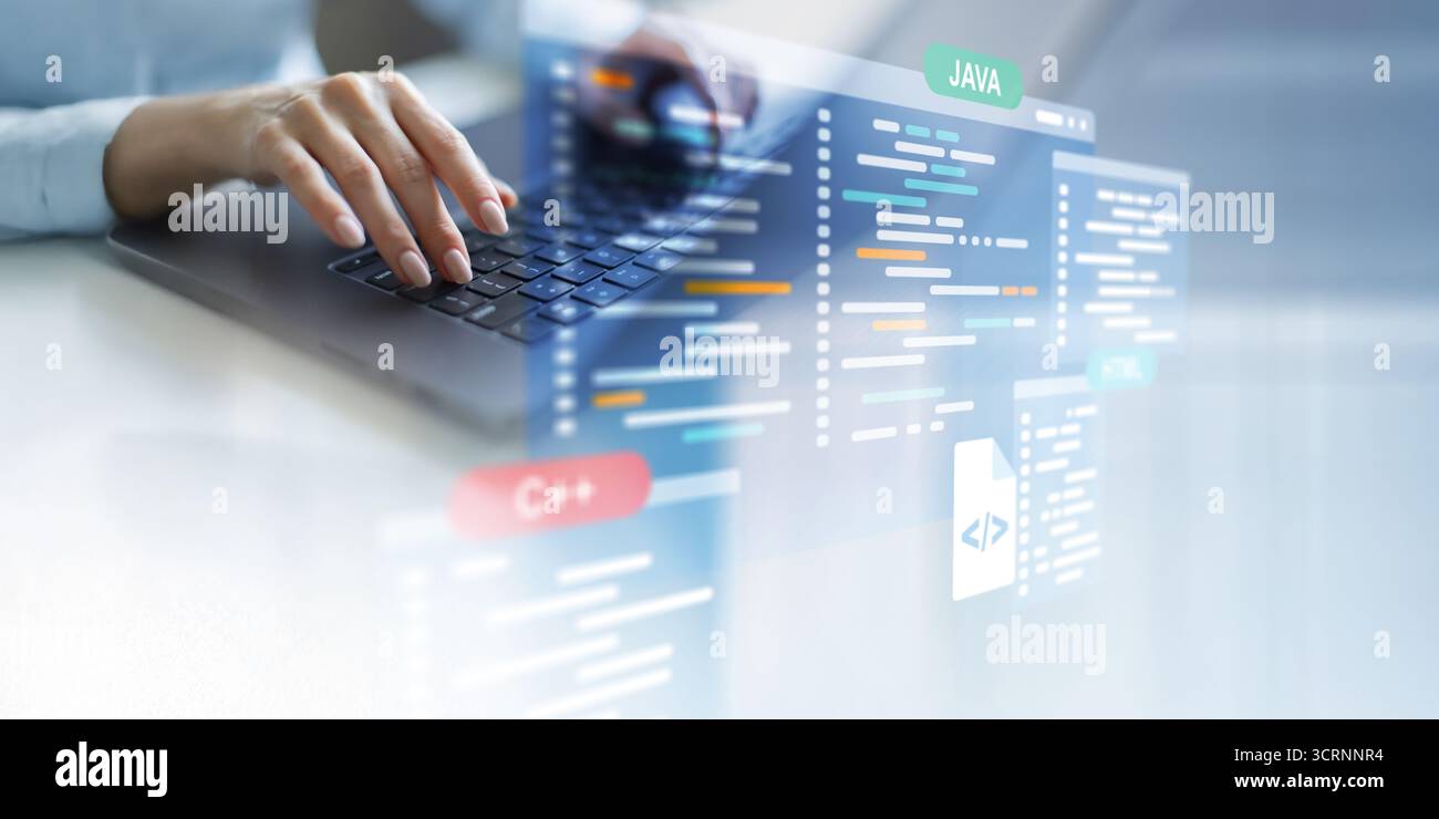 Langages de développement et de programmation logiciels affichés sur une interface de codage virtuelle. Banque D'Images