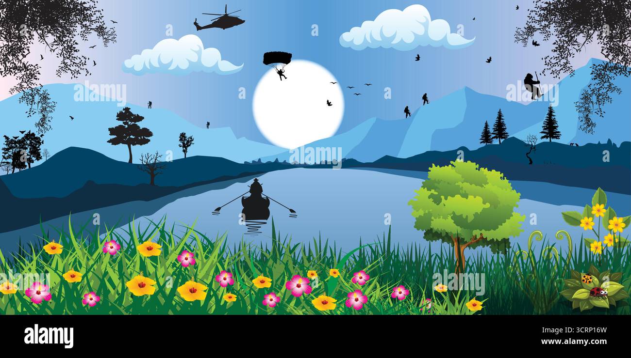 Aventure nature paysage avec montagnes, lac, bateau et parachute Illustration de Vecteur