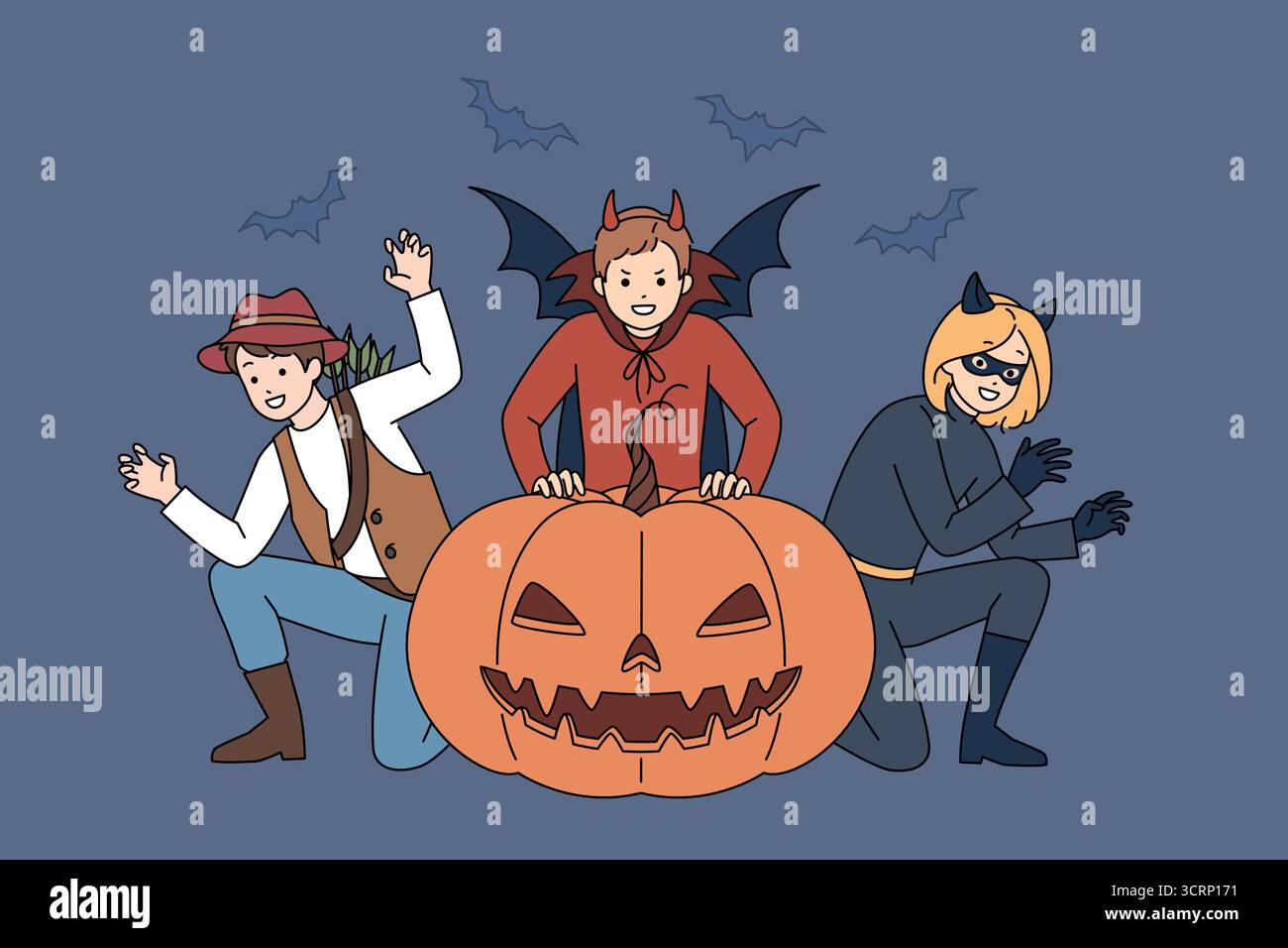 Costumes d'Halloween amusants, fantaisistes et ludiques avec des citrouilles adorables et mignonnes et des chauves-souris Spooky Illustration de Vecteur