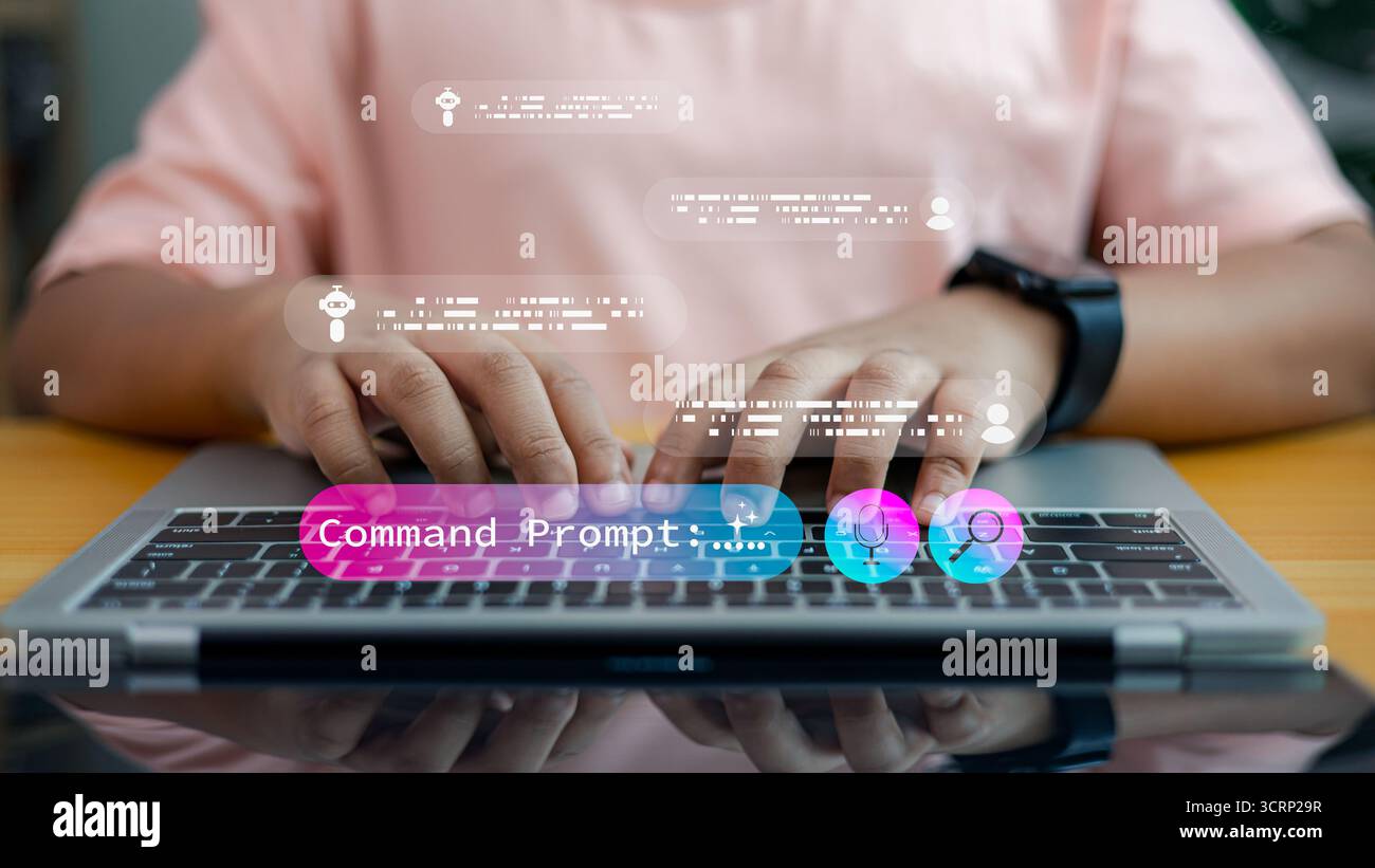 Gros plan de l'homme tapant sur ordinateur portable avec l'interface chatbot ai, invite de commande et concept de technologie d'assistant virtuel pour l'intelligence artificielle et di Banque D'Images