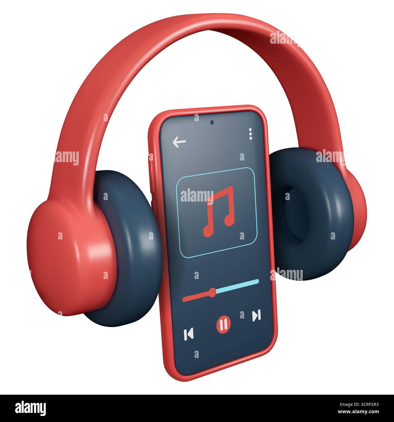 Casque rouge avec smartphone affichant une interface lecteur de musique, avec commandes de lecture, pause et saut. Parfait pour les thèmes de la musique, audio Illustration de Vecteur