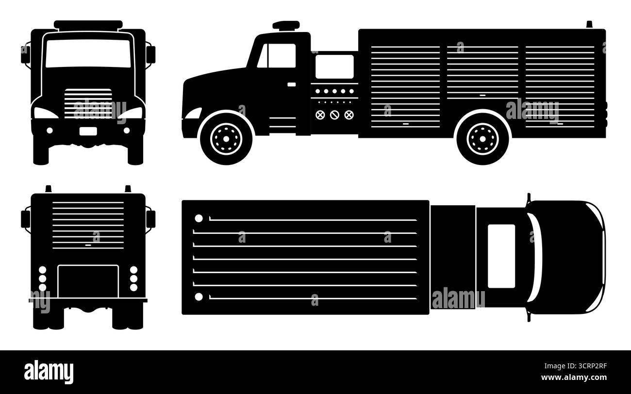 Silhouette de moteur de camion de pompiers sur un fond blanc. Les icônes du véhicule définissent la vue latérale, avant, arrière et supérieure Illustration de Vecteur