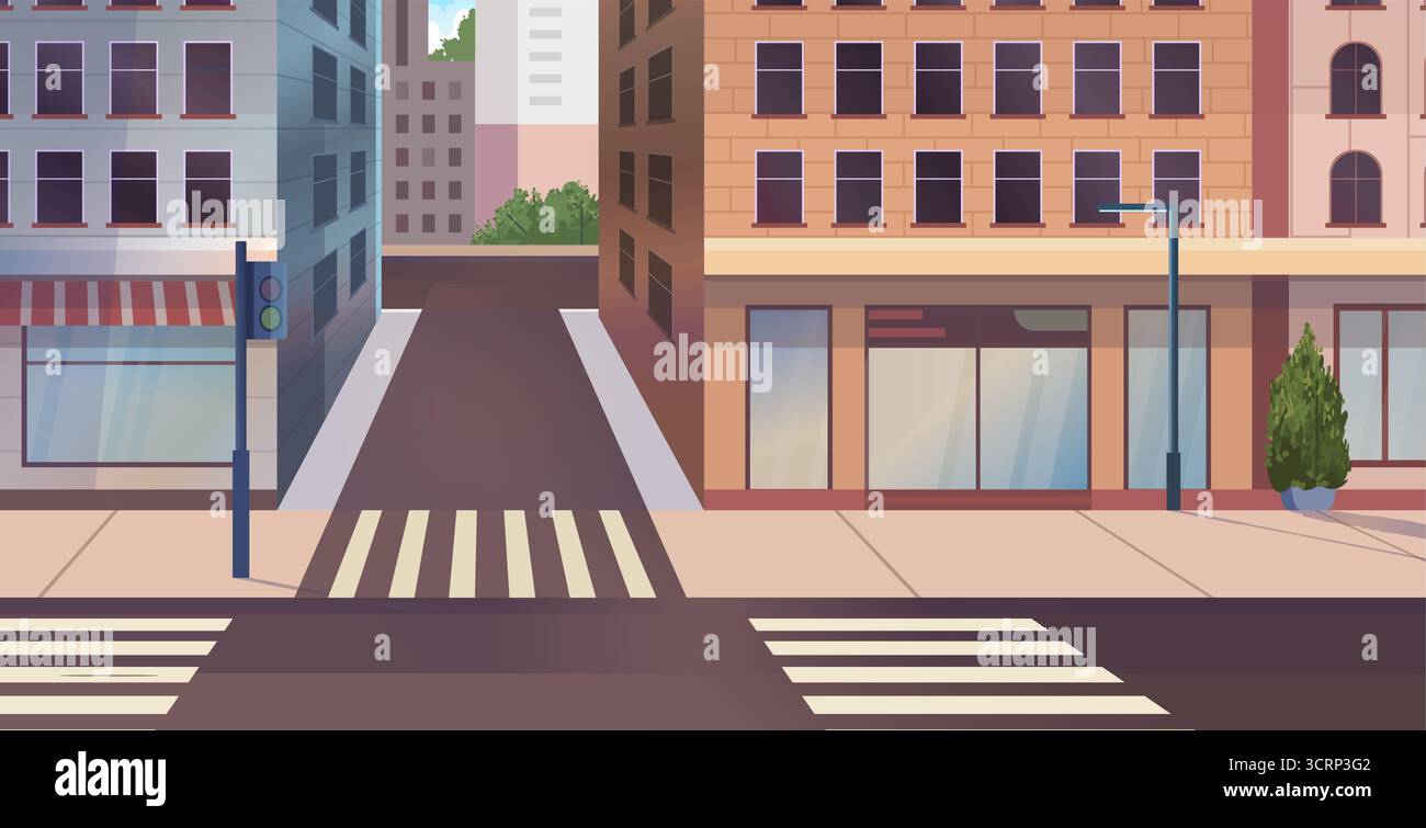 Rue stylisée de la ville avec passage pour piétons, bâtiments et feux de circulation. Parfait pour les thèmes de la vie moderne et des infrastructures. Vecteur non généré par IA Banque D'Images