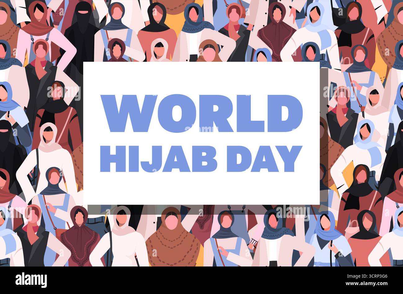 Journée mondiale du Hijab. Motif sans couture représentant des femmes musulmanes en hijabs. La bannière est blanche et carrée, avec le texte Journée mondiale du Hijab affiché. N° vecteur Banque D'Images