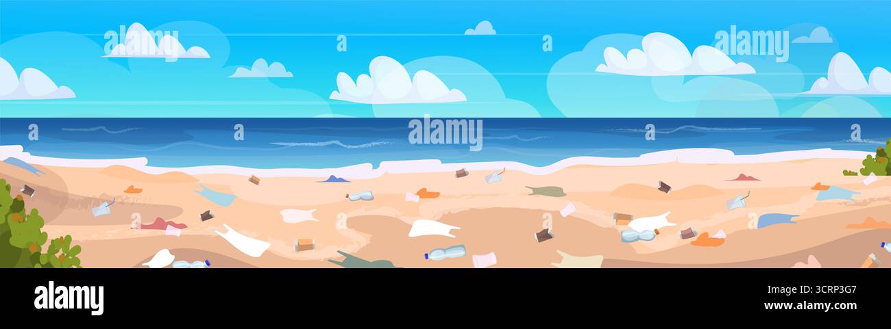 Pollution sur une plage tropicale avec des débris plastiques et des déchets contaminant le littoral naturel. Pollution de l'environnement. Problème écologique. Vecteur N Banque D'Images