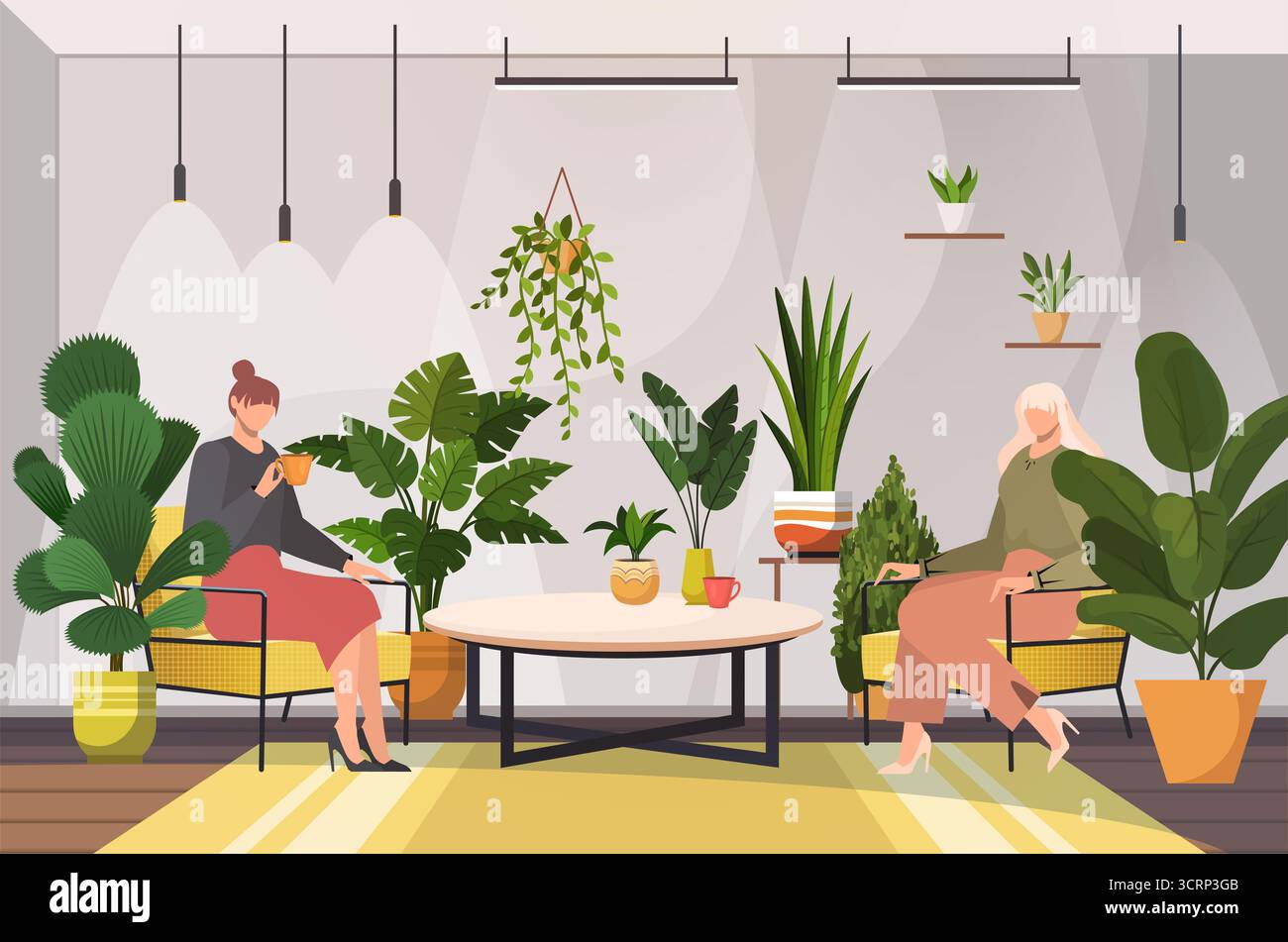 Deux femmes se relaxant dans des chaises confortables, entourées de plantes d'intérieur. Jardinage à domicile et culture de plantes d'intérieur. Vecteur non généré par IA Banque D'Images