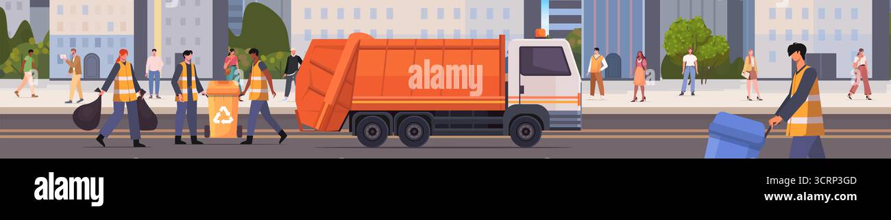 Les travailleurs de l’assainissement chargent des conteneurs de déchets dans un camion à ordures, tandis que d’autres transportent des sacs et des poubelles. Ces activités font partie du recyclage de la ville Banque D'Images