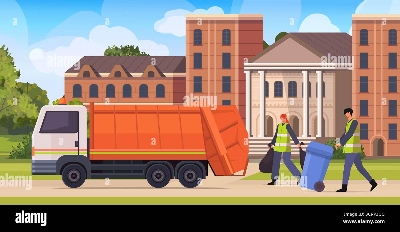 Deux concierges ramassent les ordures. La femme tient des sacs poubelles noirs, et l'homme charge un conteneur bleu dans un camion poubelle. Vecto Banque D'Images
