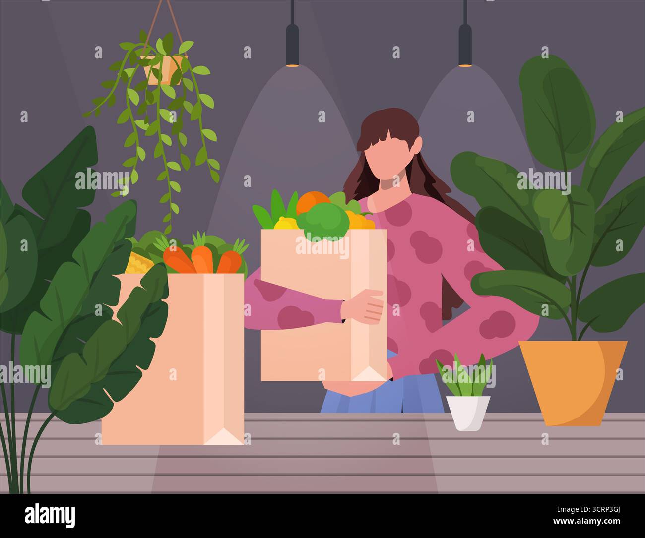 Femme déballer des légumes frais d'un sac réutilisable dans un cadre intérieur confortable avec des plantes en pot. Mode de vie durable. Concept respectueux de l'environnement. Zéro wa Banque D'Images
