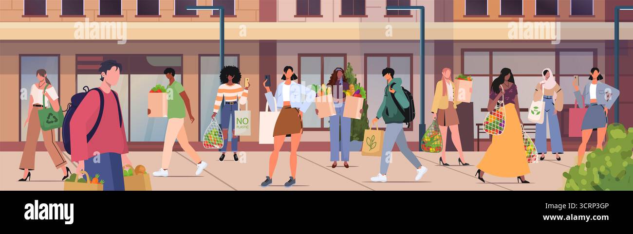 Concept de style de vie urbain et d'environnement sûr. Scène de trottoir de ville occupée avec des gens transportant des sacs réutilisables, en papier ou en filet remplis de produits d'épicerie. Éco f Banque D'Images