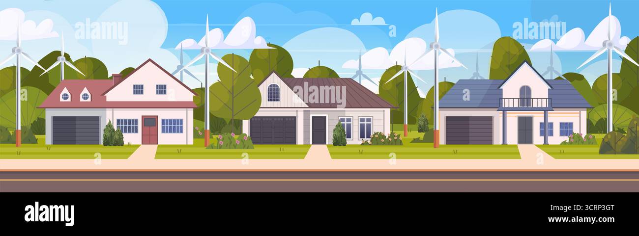 Illustration d'un quartier de banlieue avec des maisons modernes et des éoliennes en arrière-plan. Les éoliennes symbolisent l'intégration de l'énergie propre A. Banque D'Images