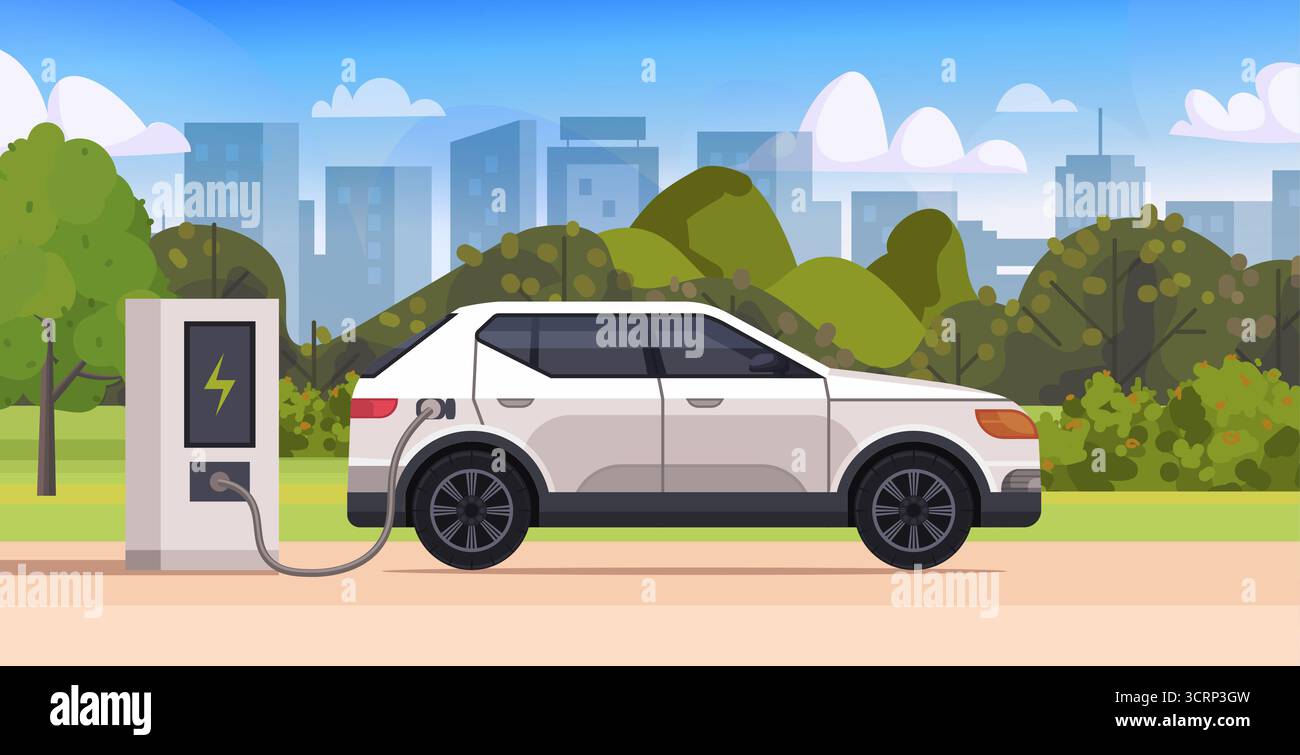 Véhicule électrique branché sur une unité de recharge dans un écrin de verdure urbain et des bâtiments modernes. Promeut l'énergie verte et une vie urbaine durable. Vecteur non Banque D'Images