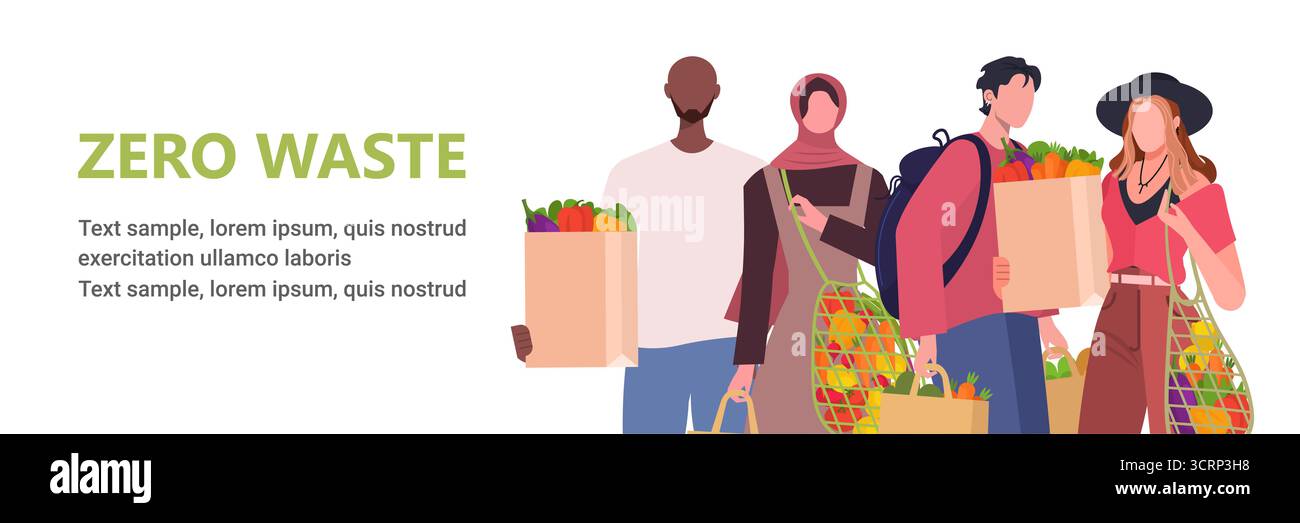 Zéro déchet. Groupe de personnes tenant des sacs réutilisables, en papier et en maille remplis de produits d'épicerie isolés sur un fond blanc. Sans plastique. Lif. Durable Banque D'Images