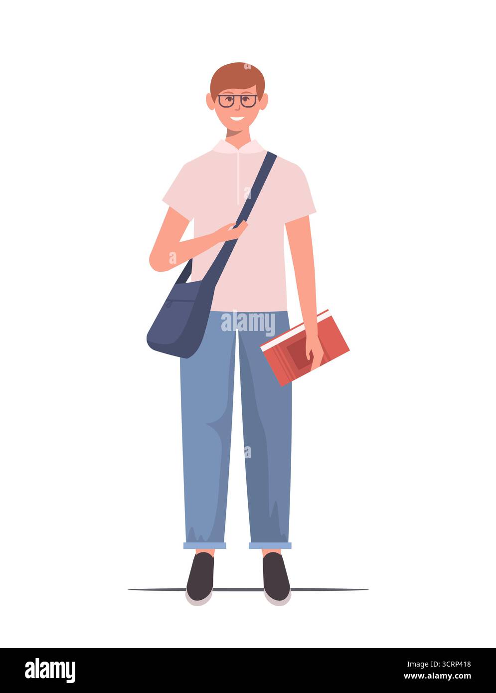 Portrait d'écolier souriant avec un sac sur son épaule et tenant un livre rouge dans sa main. Heureux adolescent mâle enfant dans des lunettes. Vecteur non GENE ai Banque D'Images