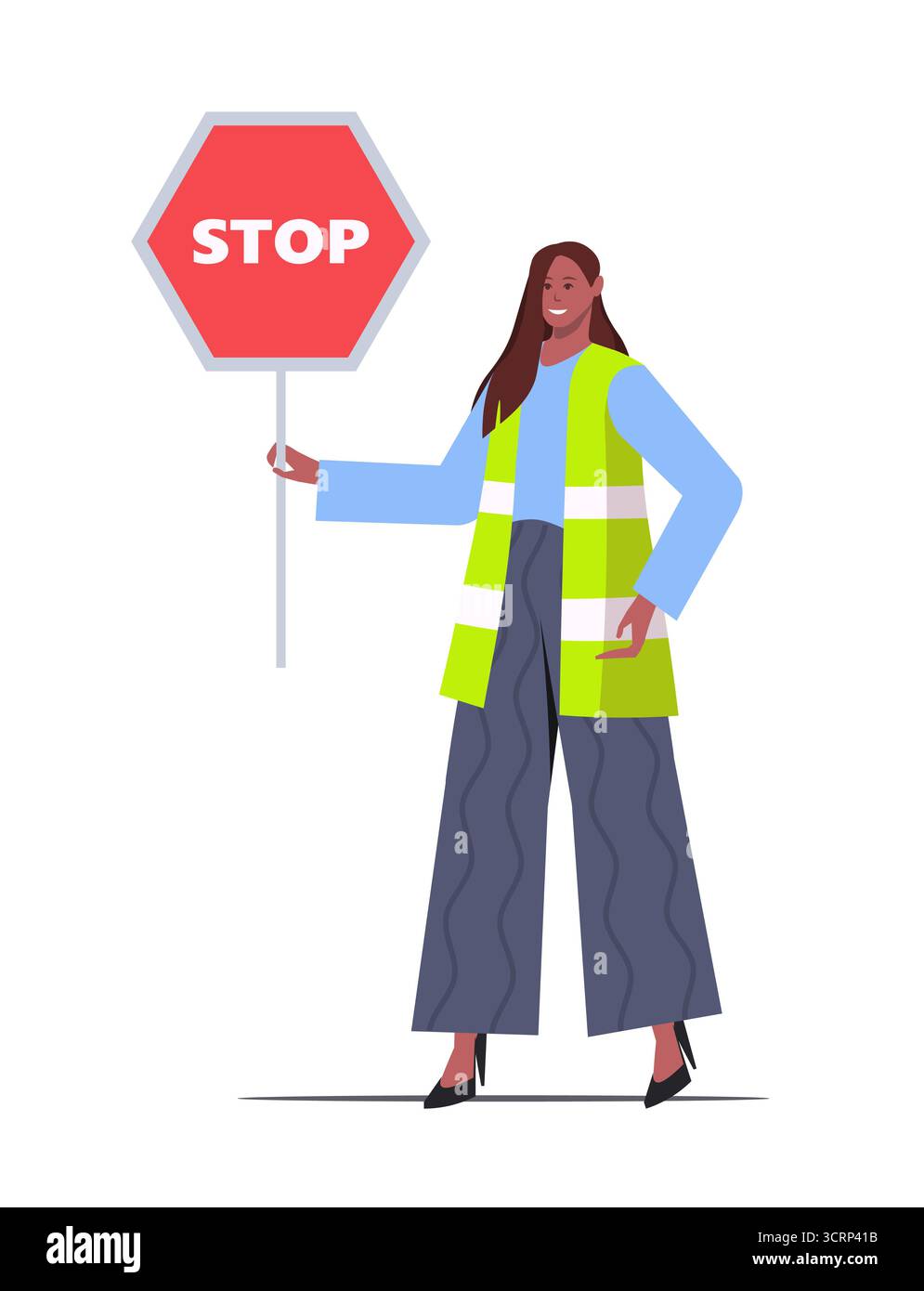 Une femme afro-américaine dans un gilet réfléchissant avec un panneau stop isolé sur un fond blanc. Sécurité routière. Vecteur non généré par IA Banque D'Images
