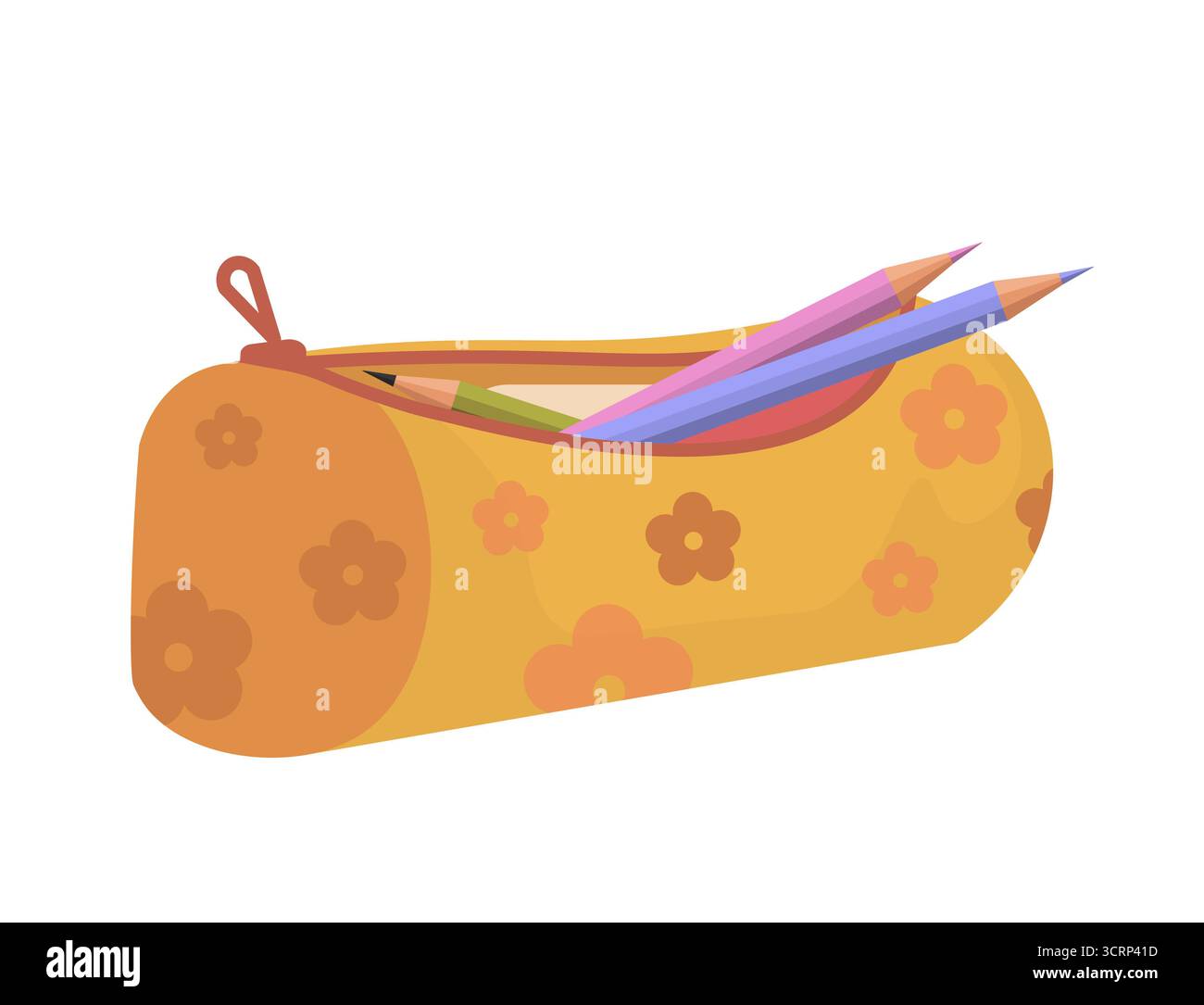 Étui à crayons jaune pour l'école avec un motif floral. Papeterie scolaire comprenant une gomme et des crayons colorés. Vecteur non généré par IA Banque D'Images