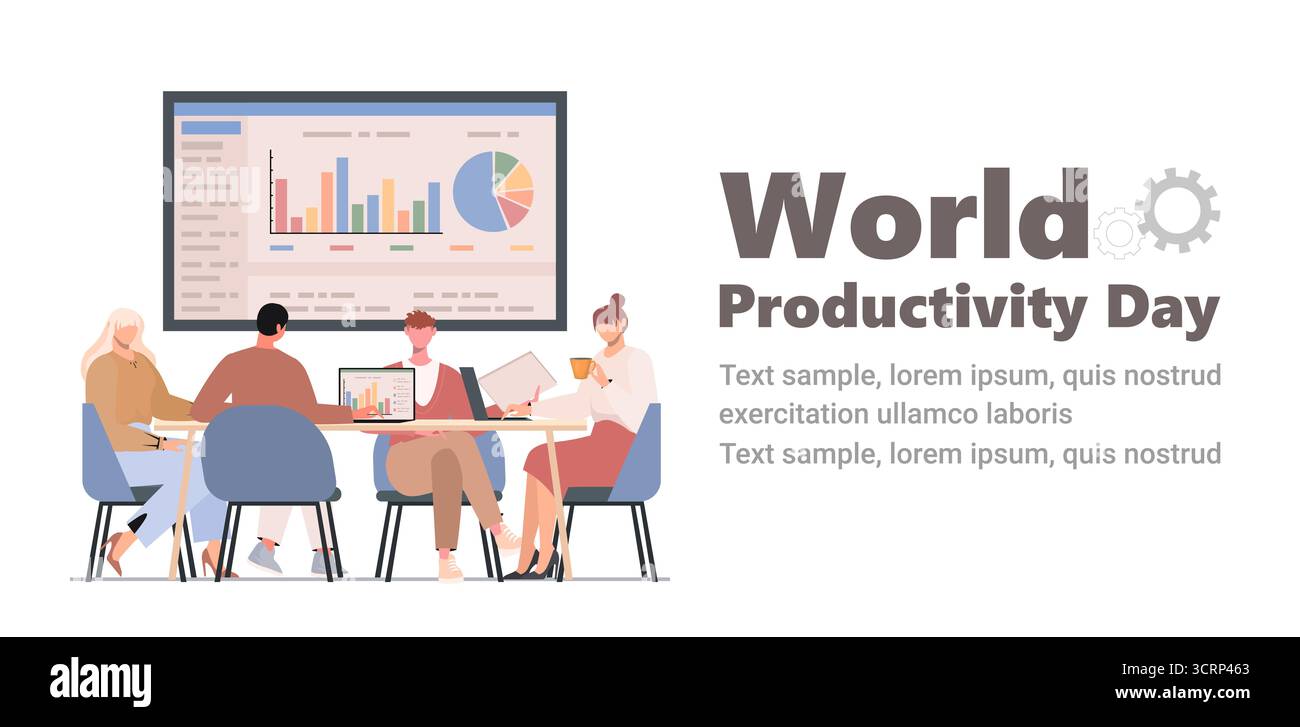 Journée mondiale de la productivité. Un groupe de gens d'affaires participe à une réunion de réflexion d'équipe. Professionnels collaborant en équipe. Vecteur non Banque D'Images