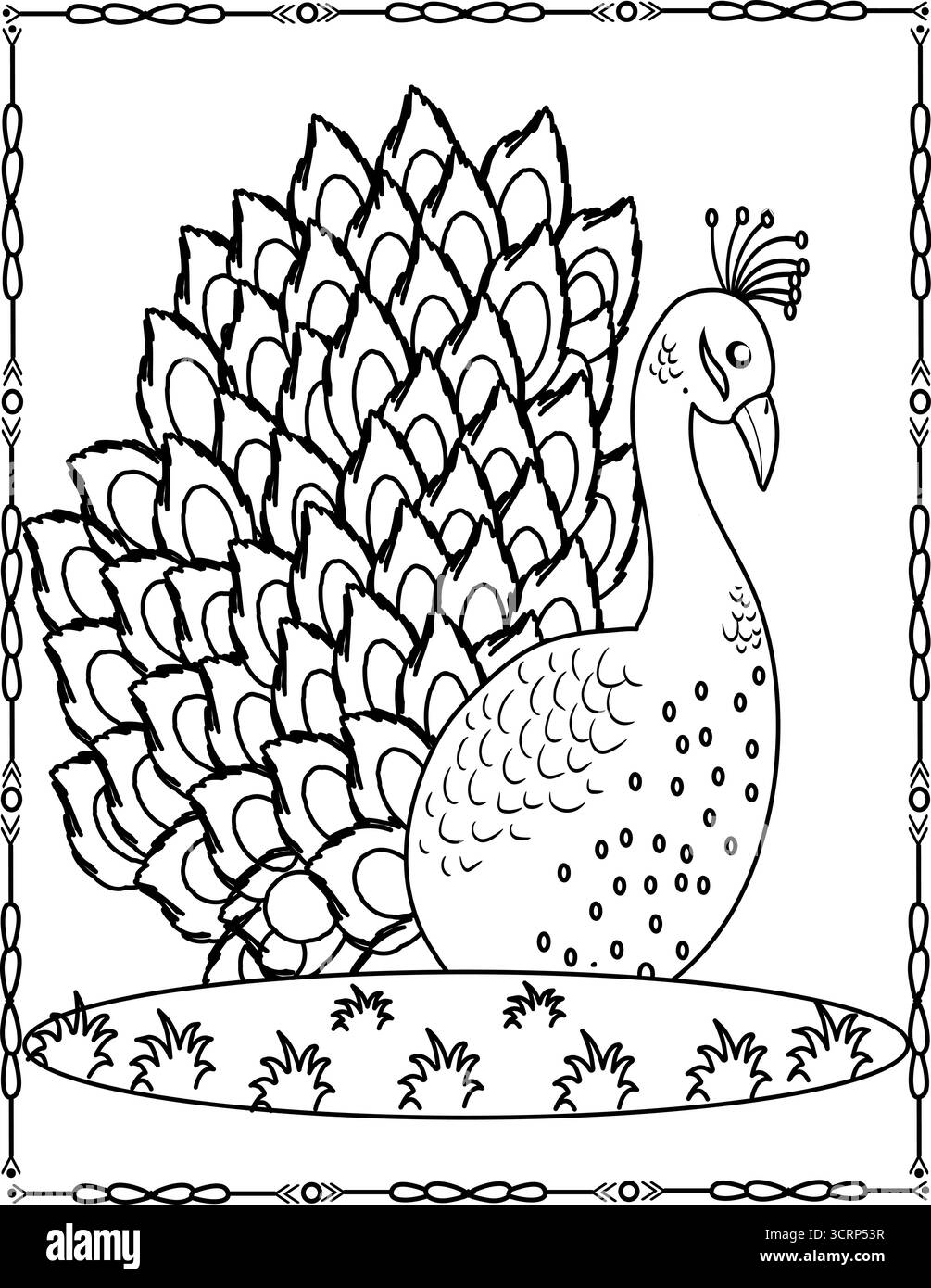 Magnifique page de coloriage paon. Elegant Bird Art pour les enfants et les adultes. Illustration de Vecteur