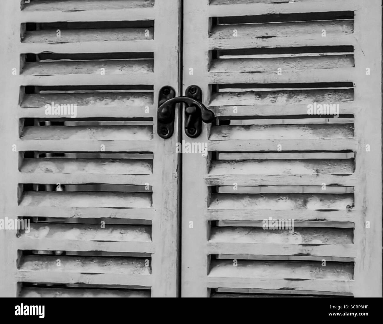 Verrouillé dans le temps. Couvre-fenêtre en bois, motif et texture. Teintes monochromes. Banque D'Images