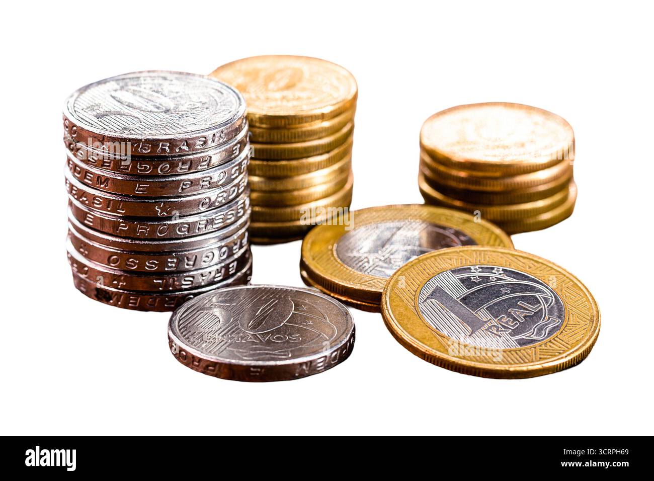 Une vraie monnaie, argent du Brésil, 1 réel sur fond blanc isolé Banque D'Images