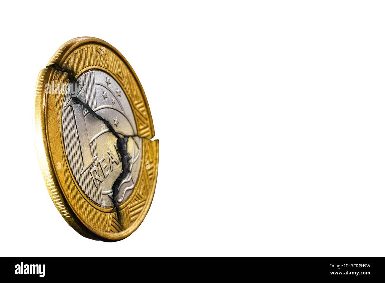 Une vraie monnaie, argent du Brésil, 1 réel sur fond blanc isolé Banque D'Images