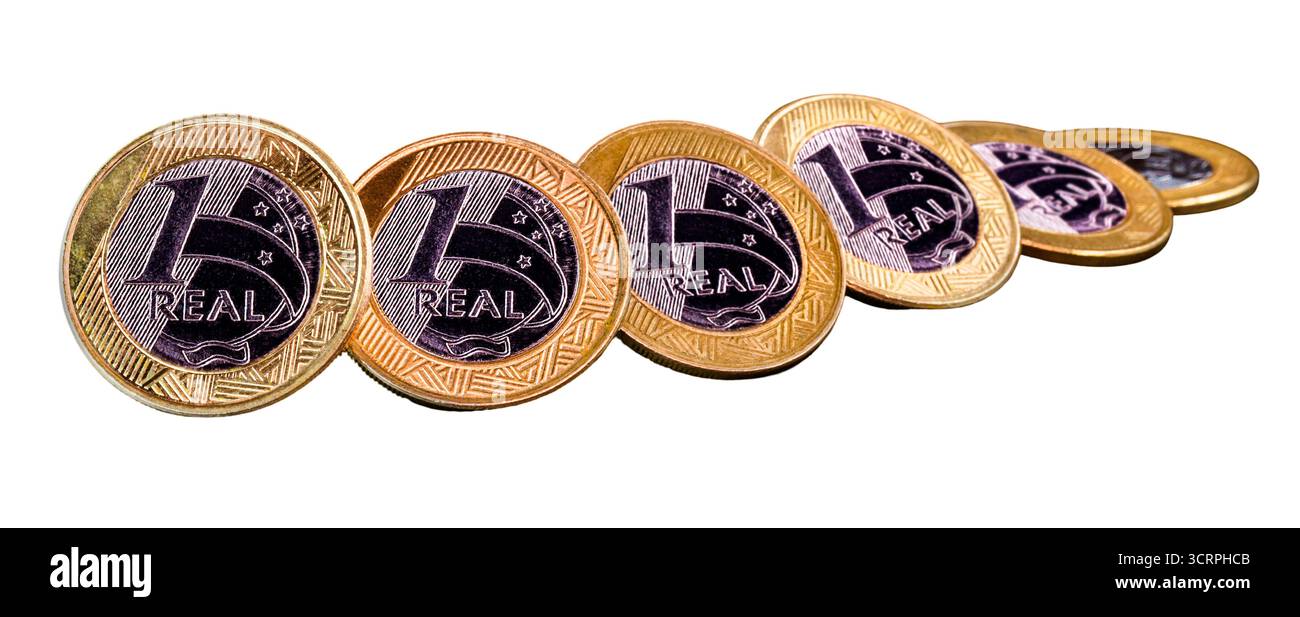 Une vraie monnaie, argent du Brésil, 1 réel sur fond blanc isolé Banque D'Images