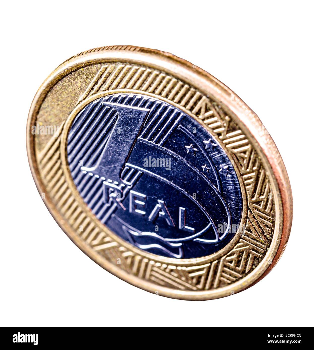 Une vraie monnaie, argent du Brésil, 1 réel sur fond blanc isolé Banque D'Images