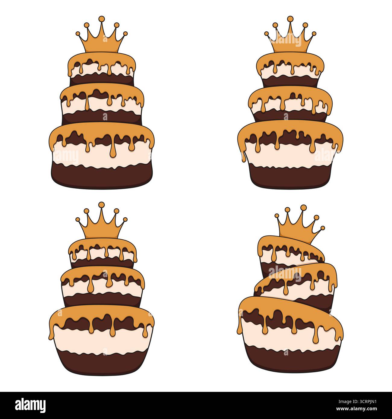 Ensemble d'illustrations de couleur gâteau et couronne d'or. Objets vectoriels isolés sur fond blanc. Illustration de Vecteur