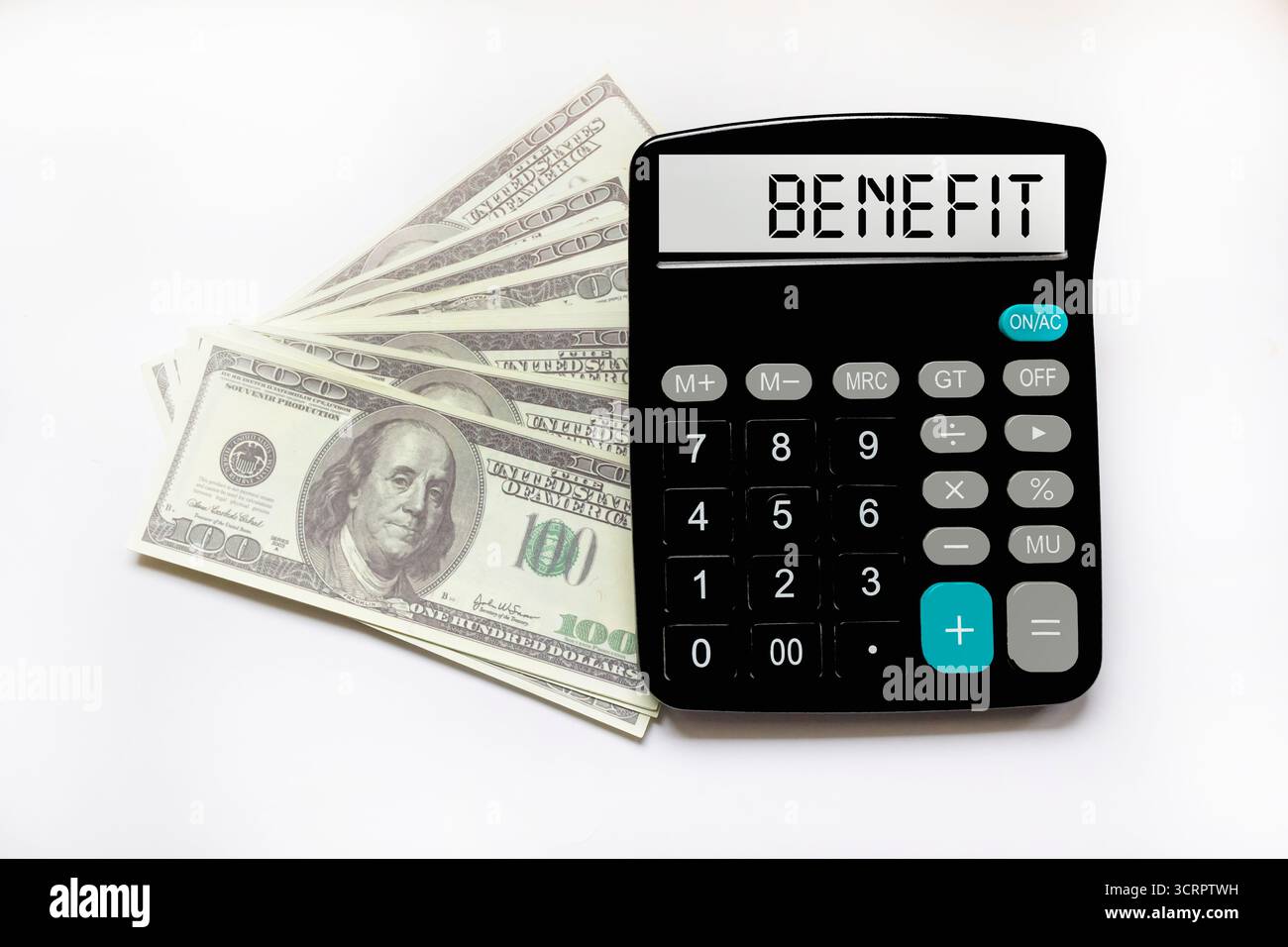 Calculatrice avec le mot avantage sur l'écran. Argent, finance et concept d'affaires Banque D'Images