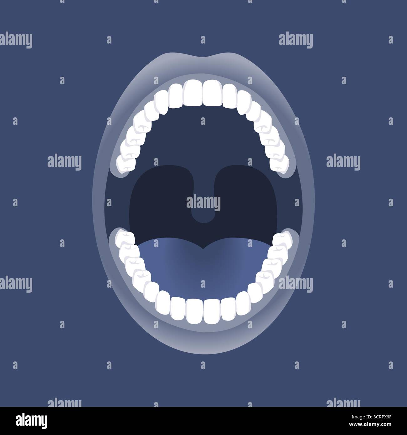 Bouche humaine grande ouverte, illustration bleue. Banque D'Images