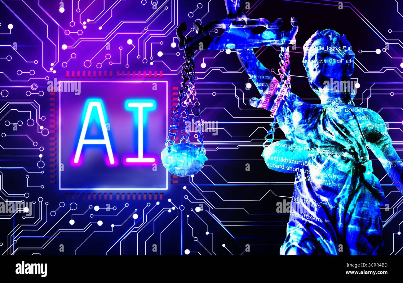 Intelligence artificielle et système judiciaire. Échelles de justice et puce ai avec motif de carte de circuit imprimé Banque D'Images