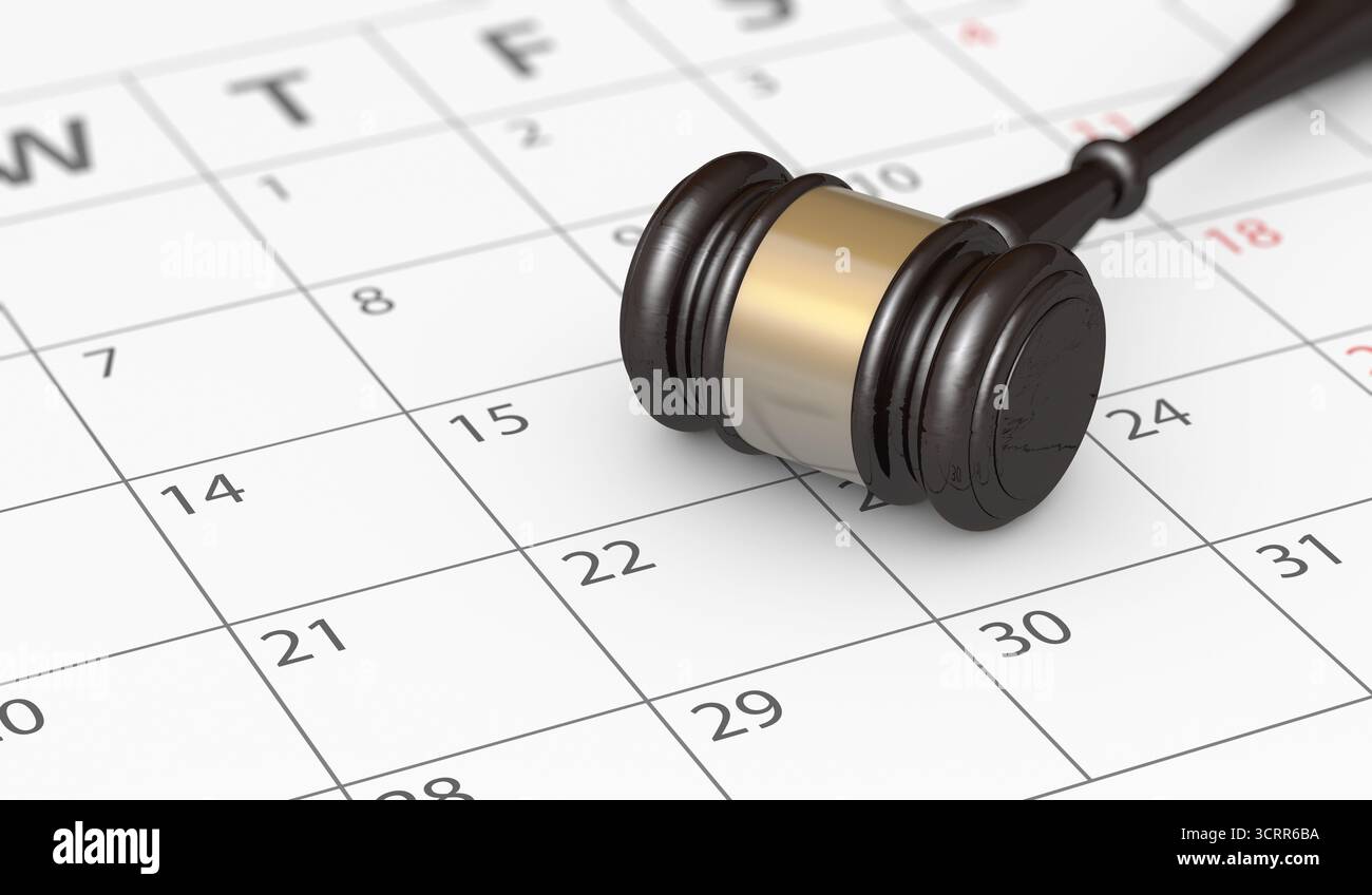 Loi, législation, justice et concept de temps avec une vue rapprochée d'un marteau de juge sur une page de calendrier illustration 3D. Banque D'Images