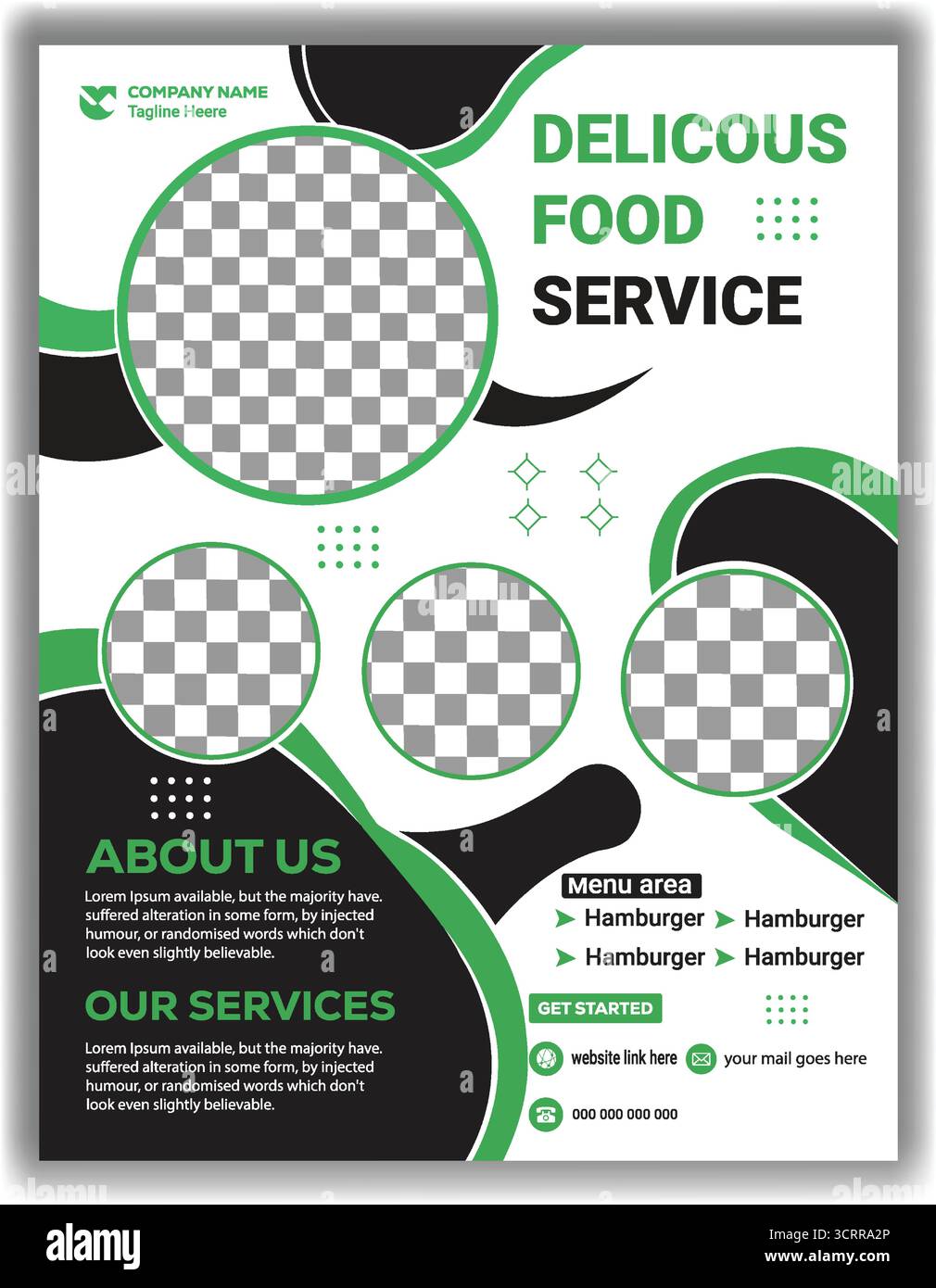 Modèle de dépliant sur les services alimentaires délicieux et modernes affiche promotionnelle sur les menus des restaurants vert et noir conception modifiable des dépliants sur les produits alimentaires Illustration de Vecteur