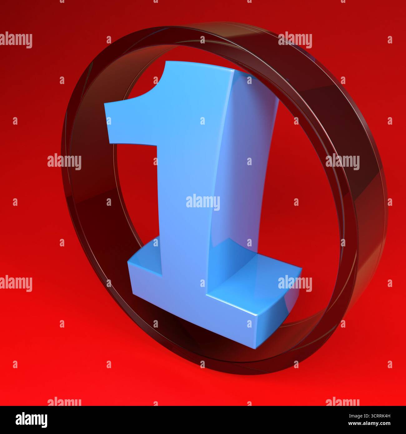 Numéro un dans un cercle de verre, sur fond rouge - illustration de rendu 3D. Banque D'Images