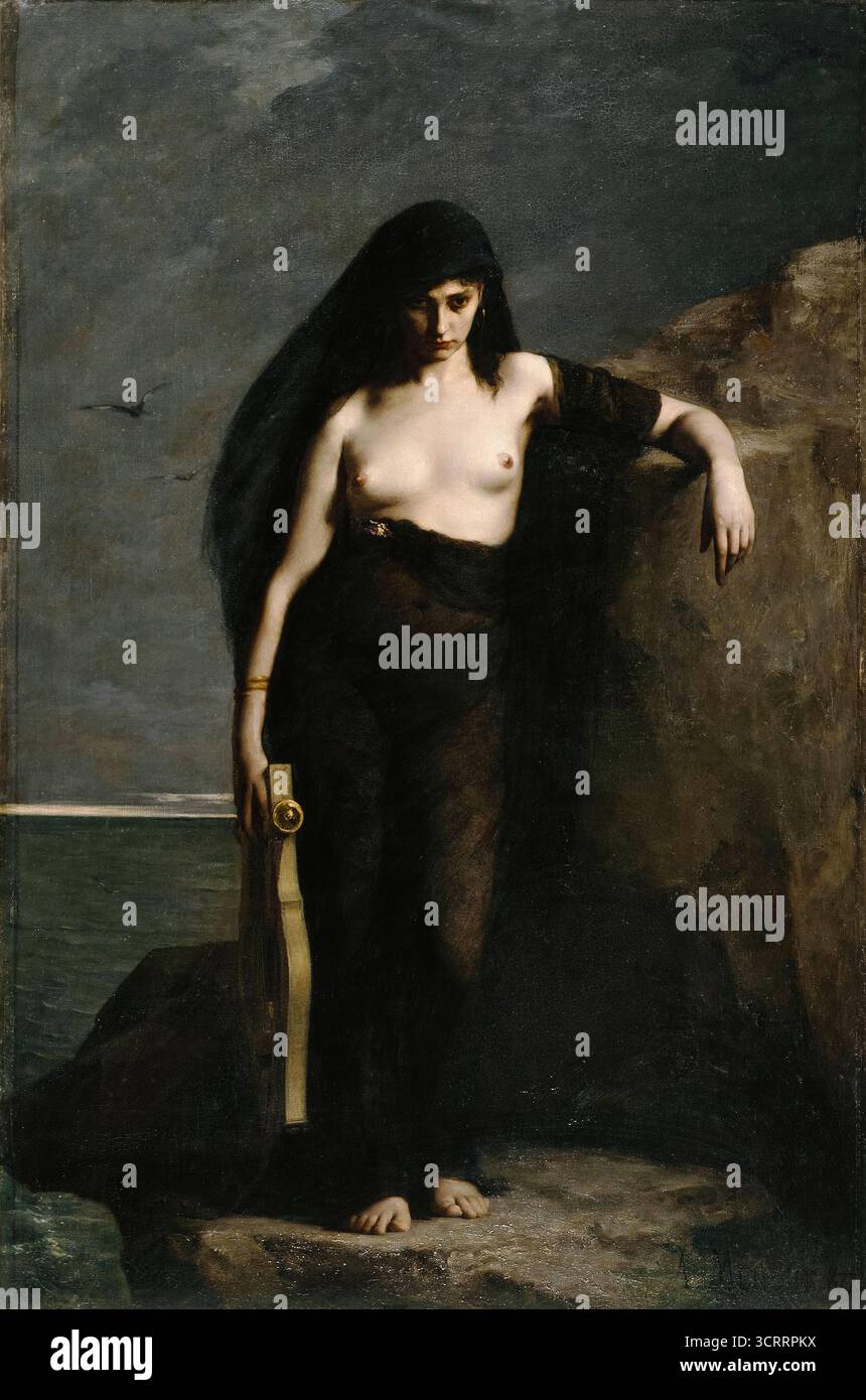 Sappho, 1877 peinture à l'huile de l'artiste français Charles Auguste Mengin (1853-1933) montrant le légendaire poète lyrique grec ancien Sappho topless tenant une lyre à l'expression mélancolique, face à un paysage méditerranéen dramatique, symbolisant la tragédie et le désir romantique. Crédit : Manchester Art Gallery / Universal Art Archive Banque D'Images Sappho, 1877 peinture à l'huile de l'artiste français Charles Auguste Mengin (1853-1933) montrant le légendaire poète lyrique grec ancien Sappho topless tenant une lyre à l'expression mélancolique, face à un paysage méditerranéen dramatique, symbolisant la tragédie et le désir romantique. Crédit : Manchester Art Gallery / Universal Art Archive Banque D'Images