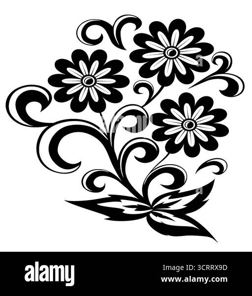 fleur abstraite noire et blanche avec des feuilles et des tourbillons isolés sur fond blanc Illustration de Vecteur