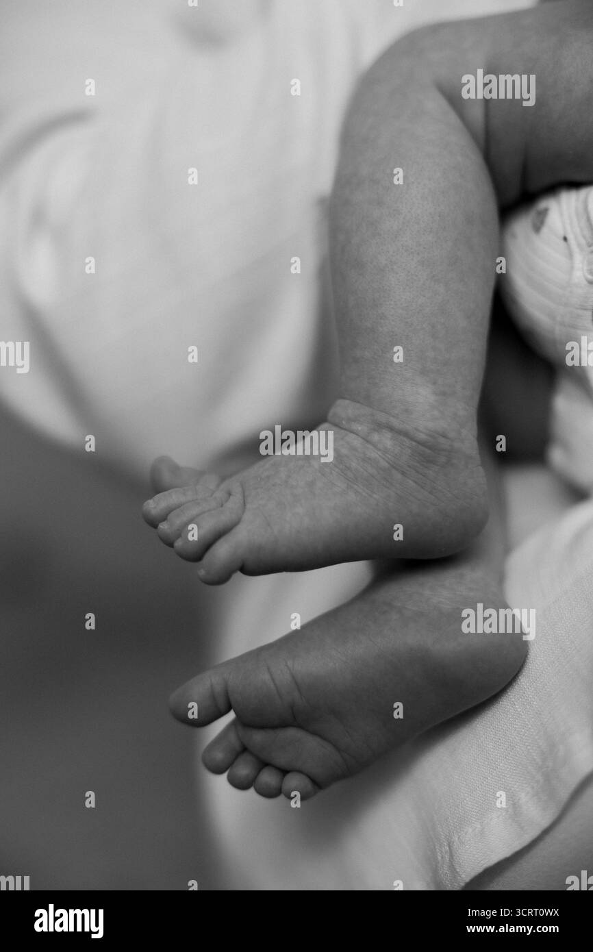 Pieds de bébé doux pendent avec amour dans une étreinte chaleureuse, symbolisant l'innocence et la joie de la nouvelle vie. Des moments comme celui-ci rayonnent d'affection pure. Banque D'Images