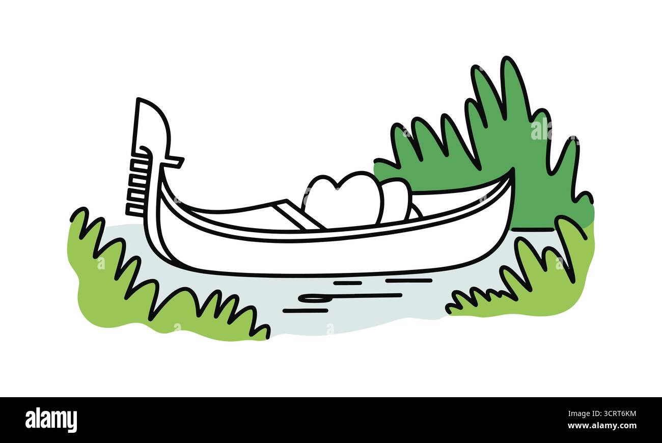 Illustration fantaisiste de gondole Venise en noir et blanc avec des accents verts Illustration de Vecteur