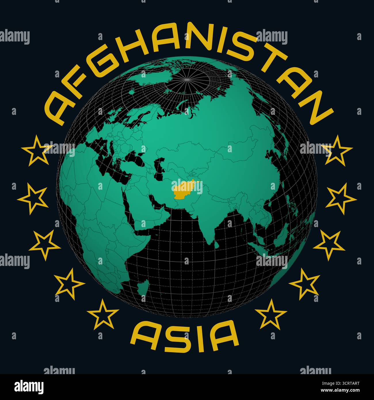 L'Afghanistan sur un globe. Arrondissez les noms de pays et de continent sous forme de texte. Une vue de pays sur une carte du monde dans une palette de couleurs Black Emerald. Illustration de Vecteur