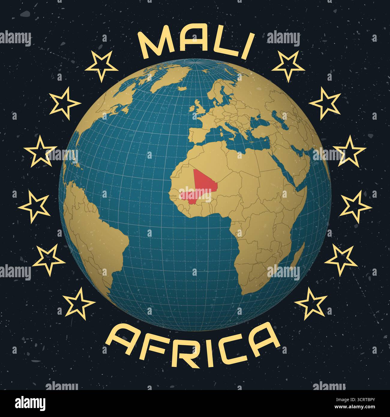 Mali sur Globe. Texte rond du nom du pays. Look vintage avec texture grunge rayée. Vue du pays sur la carte du monde dans la palette de couleurs Sky Blue Light Yellow. Illustration de Vecteur