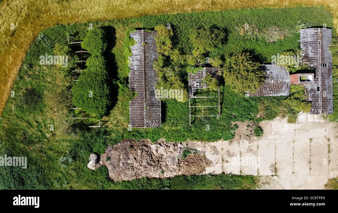 Vue aérienne des bâtiments agricoles abandonnés envahis par la végétation Banque D'Images