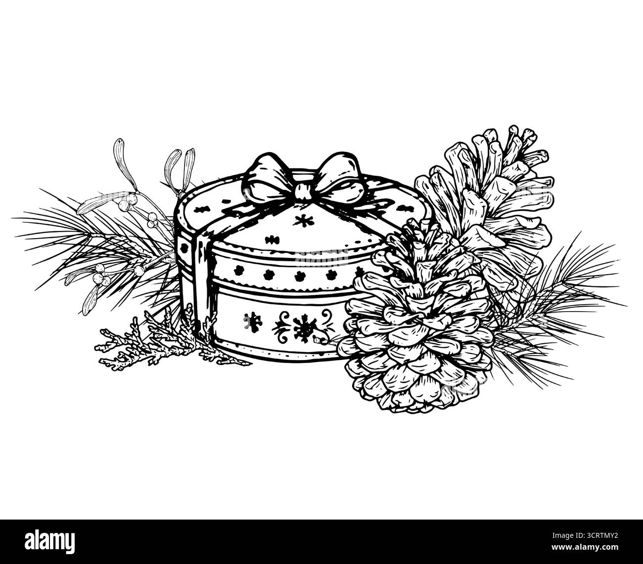 Boîte de Noël ronde cadeau avec un noeud et des brindilles de sapin, croquis. Illustration vectorielle. Une composition festive avec des cônes et des brindilles de pin, isolé sur un b blanc Illustration de Vecteur