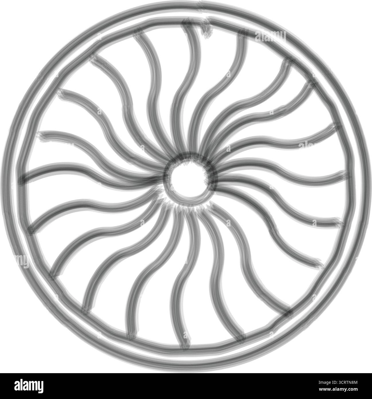 Roue ou rosette décorative circulaire avec des rayons radiaux courbés formant un motif tourbillonnant de rayons de soleil en contour noir. Illustration de Vecteur