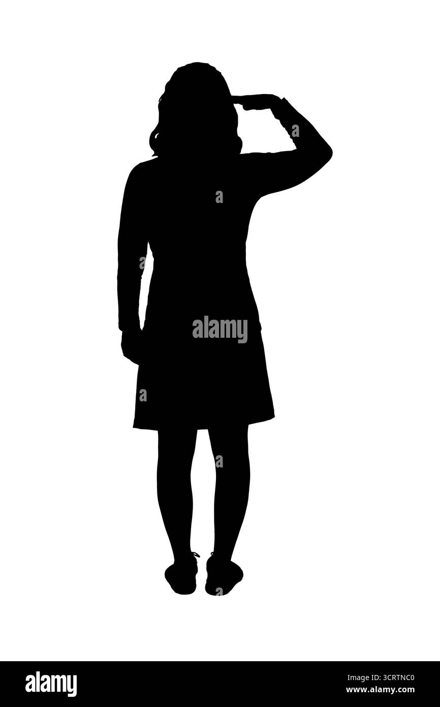 silhouette de la vue arrière de la femme stnding montrant un salut militaire Banque D'Images