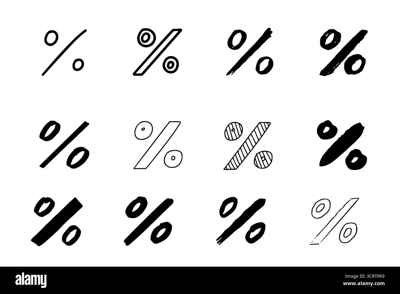 Icônes de pourcentage de doodle dessinées à la main dans un style de contour noir et blanc, isolé sur fond blanc. Parfait pour la conception mathématique, l'infographie d'entreprise, pré Illustration de Vecteur