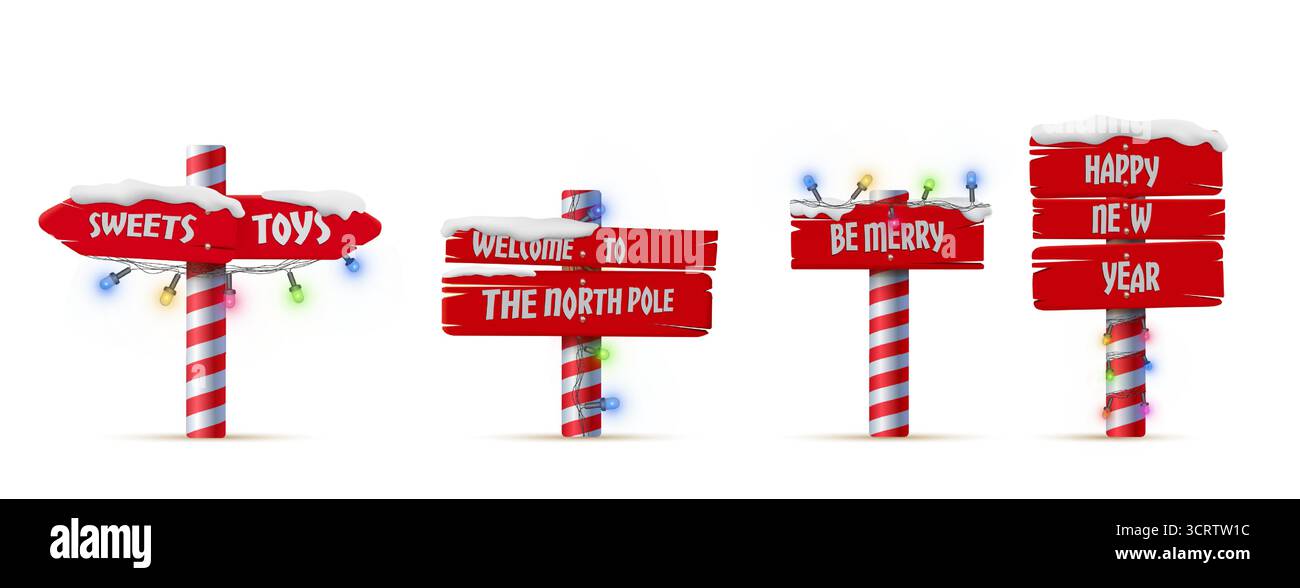 Ensemble de signe de pôle nord de Noël avec des poteaux de canne à bonbons et des lumières colorées pour la décoration de vacances. Planches directionnelles en bois avec des messages festifs. Ensemble de signalisation d'hiver avec éclairage de la neige et de guirlande. Illustration de Vecteur