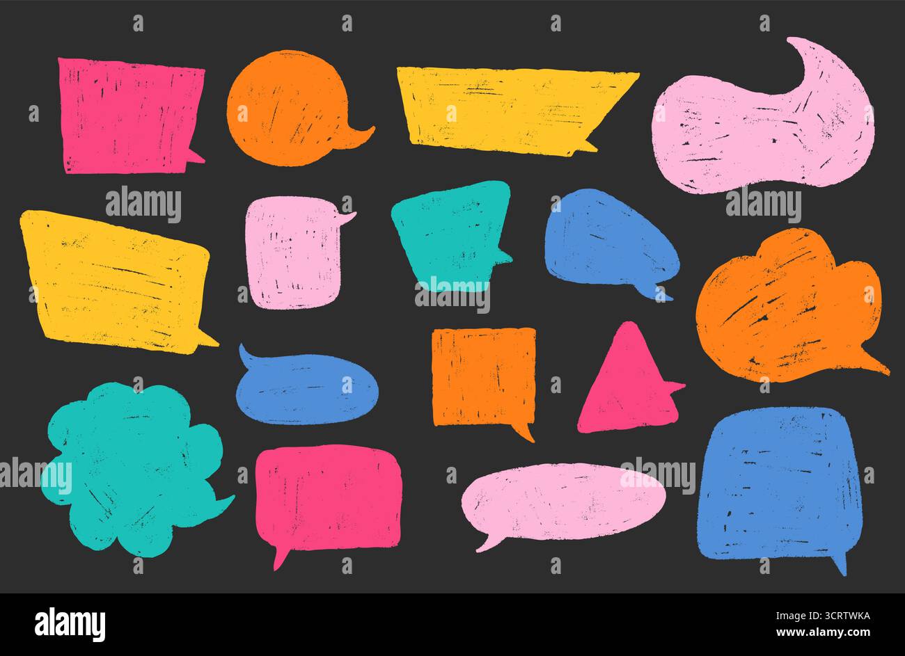 Cadres de texte ludiques pour dialogue vocal en crayon. Bulles dessinées à la main dans une boîte de tableau noir. Autocollants de chat abstrait et nuages de crayons. Illustration vectorielle Illustration de Vecteur