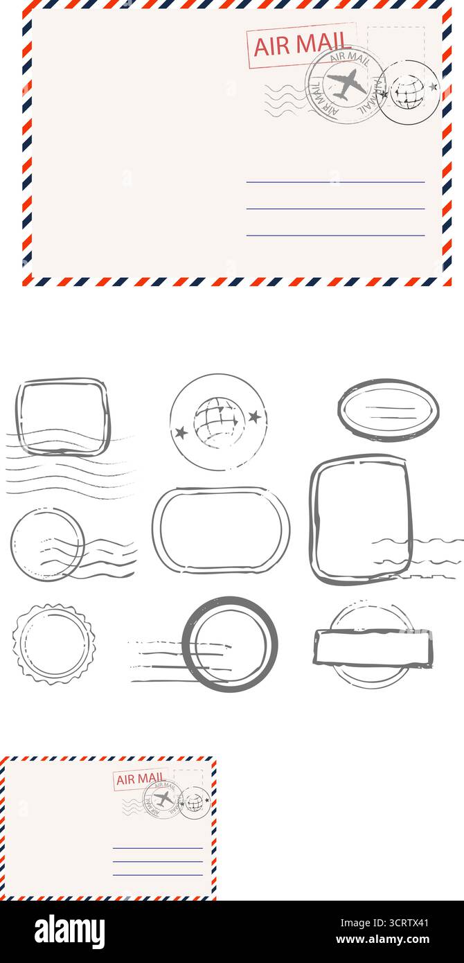 Jeu de timbres postaux et de timbres-poste, pour enveloppes et lettres. Courrier et correspondance d'affaires, communication. Courrier aérien, texturé vintage. Illustration vectorielle Illustration de Vecteur